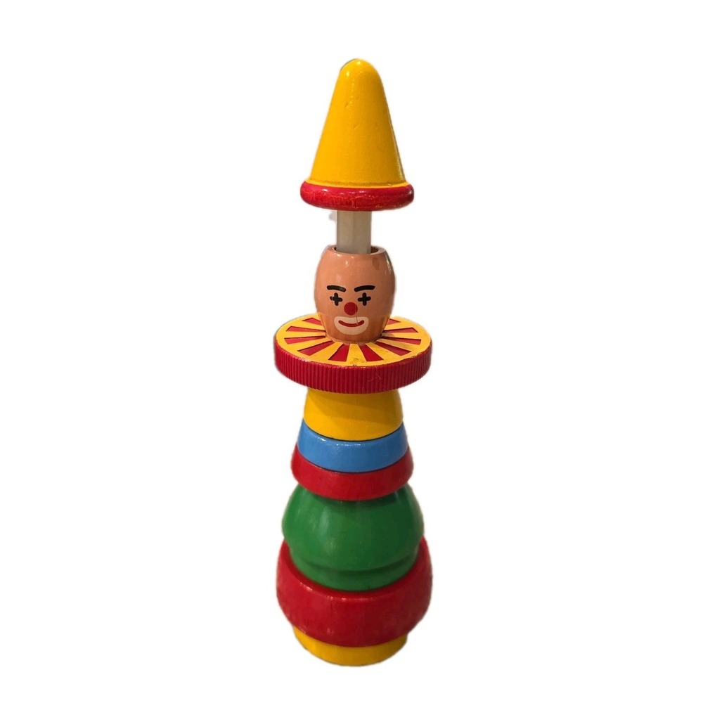 Vintage Brio Stacking Wooden Clown Toy Childs Stackable Wood Disc Sweden‎ 8.5"